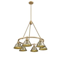 a brass chandelier with five lights hanging from the bottom and four shades on each side