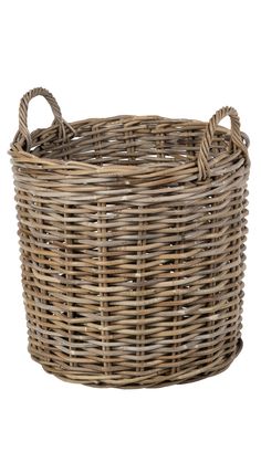 a round wicker basket with handles and roped ends on an isolated white background