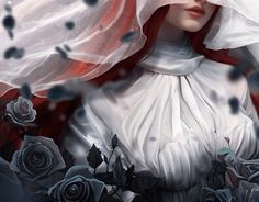 a painting of a woman with red hair wearing a veil and surrounded by white roses