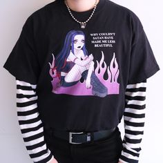 person modeling a black t-shirt with a goth anime girl printed on it Edgy Anime Print T-shirt For Alternative Fashion, Punk Anime Print T-shirt For Streetwear, Edgy Anime Print T-shirt For Streetwear, Black T-shirt With Letter Print For Alternative Fashion, Black Y2k T-shirt With Custom Print, Black Emo T-shirt For Halloween, Anime Print Halloween Streetwear Tops, Anime Print Streetwear Tops For Halloween, Anime Print Tops For Halloween Streetwear