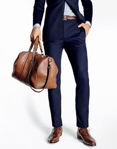 Navy suit, brown shoes. A Man In A Suit, Man In A Suit, Brown Shoes, Brown Bag, Sharp Dressed Man, Navy And Brown, Well Dressed Men