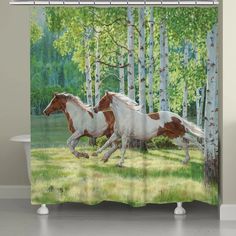 two brown and white horses running in the woods shower curtain set size 70 h x 69 w