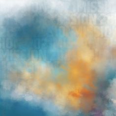 an abstract painting with blue, yellow and white clouds in the sky on a sunny day