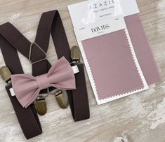 Your special guy will look so handsome when he shows up in his Dusty Mauve Pink bow tie and  rustic Brown  suspenders ! Great set for groomsman, best man or ring bearers - This bow tie & suspenders set is a great choice for family photos, wedding, ring bearer outfit, birthday celebration or any other special occasion.  Please  contact us about FREE COLOR SAMPLES ! Each bow tie comes pre-tied and made with adjustable strap . You can also write the note for your order if you need ALLIGATOR CLIP or Bow Tie And Suspenders Wedding Mauve, Dusty Rose Wedding Ring Bearer, Wedding Ring Bearer Outfit, Groomsmen Outfit, Ring Bearer Boy, Ring Bearer Gift, Brown Suspenders, Groomsmen Outfits, Ring Bearer Gifts