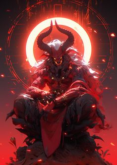 a demonic demon sitting on top of a rock in front of a red sun with horns