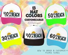 Please read below on ordering instructions: >>HOW TO ORDER: 1. Select number of hats.  2. Put colors & text you want on hats in the personalization section- see first photo for text options! 3. Add all to cart! >>PROOFS: STRICT POLICY- sorry no proofs, the order will look like the main first photo just with your information. >>SHIPPING: FREE SHIPPING ON 35$ OR MORE DISCOUNT AUTOMATICALLY APPLIED AT CHECKOUT NO COUPON CODE NEEDED Please Read- Shipping Information: USPS has had budget cuts and are Green Letter Print Trucker Hat For Beach, Green Letter Print Trucker Hat For The Beach, Green Trucker Hat With Letter Print For The Beach, Summer Birthday Snapback Hat, Summer Snapback Hats For Birthday, Personalized Summer Snapback Hats, Personalized Snapback Hat For The Beach, Personalized Adjustable Trucker Hat For The Beach, Summer Multicolor Hats With Letter Print