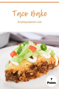 taco bake on a white plate with text overlay