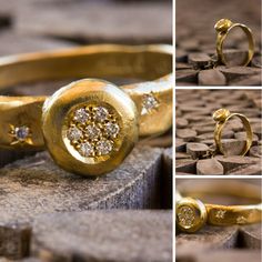 Hammered Gold Engagement Ring, Unique Diamonds Ring, Anniversary Ring, 14k Gold Chunky Diamond