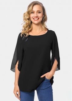 Color:Black;Size:S;Size:M;Size:L;Size:XL;Size:2XL;Size:3XL;Size:4XL;Size:5XL;Sleeve's Length:Three Quarters Sleeve;Package Contents:1 X Blouse;Pattern Type:Solid;Neckline:Round neck;Clothing's Length:Regular;Occasion:Staycation;Style:Casual;Washing Instructions:Hand Wash /Machine Washable;Composition:95% Polyester, 5% Spandex;Color Scheme:Black;Clothing Length:67.00; Stylish Tops For Women, Trendy Tops For Women, Dress Stores Online, Sleeves Designs For Dresses, Trendy Fashion Tops, Trendy Clothes For Women, Bohemian Clothes, Trendy Tops, Blouse Styles