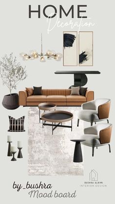 an interior design board with furniture and decor