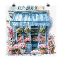 a painting of a flower shop with pink flowers