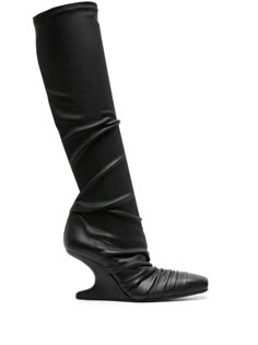 black calf leather gathered detailing square toe pull-on style knee-high jersey lining 80mm sculpted heel Rick Owens Heels, Rick Owens Boots, Cowhide Boots, Black Thigh High Boots, Leather Boots Black, 2024 Aesthetic, I Am Rich, Outfits To Recreate, Boots Knee High