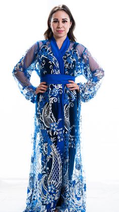 This royal blue kimono robe elegantly combines the sheerness of the cobalt blue fabric with complementary lush floral appliques and ornate embroidery details to stunning effect 💙 Shop Now! #sheerrobe #kimonodress #sheerlingerie #lingerie #plussizelingerie #sheercoverup #sheerdress #embroideredflowers #embroidered Satin Outfits, Elegant Kimono, Cute Maxi Dress, Sheer Robe, Plus Size Kimono, Sheer Kimono, Blue Kimono, Kimono Coat, Silk Kimono Robe