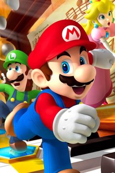 mario and luigi are in the nintendo wii game, with many other characters behind them