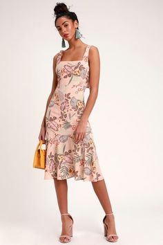 Island Sun Blush Pink Tropical Print Tie-Back Midi Dress Fitted Mid-length Sundress, Knee-length Fitted Midi Dress For Vacation, Fitted Knee-length Midi Dress For Vacation, Fitted Summer Midi Dress For Casual Wear, Fitted Mid-length Sundress For Casual Wear, Fitted Midi Sundress For Vacation, Chic Knee-length Sundress For Garden Party, Chic Fitted Midi Dress For Vacation, Chic Fitted Mid-length Sundress