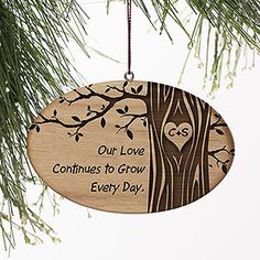 a wooden ornament hanging from a tree with the words, our love continues to grow every day