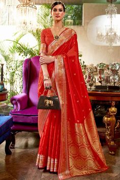 Banarsi Saree Blouse Design, Orange Saree Look, Blouses Designs, Banarsi Saree, Raw Silk Saree, Kanjivaram Silk Saree, Readymade Saree, Ready To Wear Saree, Saree Blouses