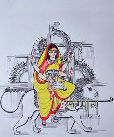 a drawing of a woman sitting on a lion