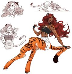 a woman with long red hair sitting on top of a tiger