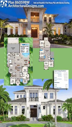 two story house plan with large front and back porches, palm trees and landscaping