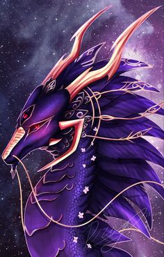 a purple dragon with gold accents on its head and wings is in the air, surrounded by stars