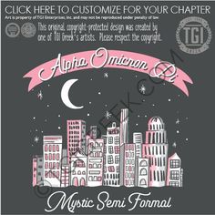 the flyer for an event with cityscape in pink and white on a black background