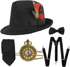 1920s Mens Gatsby Costume Accessories,Manhattan Fedora Hat w/Feather,Vintage Pocket Watch,Suspenders Y-Back Trouser Braces,Pre Tied Bow Tie,Tie (Black-Black): Clothing Mens Gatsby Costume, Trilby Fedora, Hip Hop Costumes, Pirate Hats, Vintage Pocket Watch, Wig Accessories, Mens Costumes