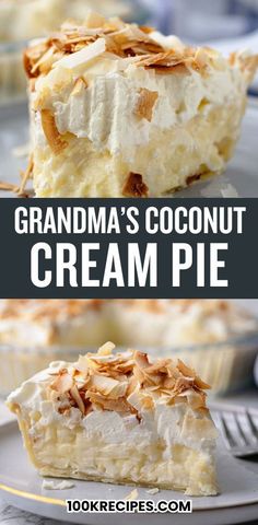 a piece of grandma's coconut cream pie on a plate