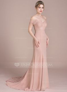 Trumpet/Mermaid Off-the-Shoulder Court Train Chiffon Lace Bridesmaid Dress With Beading Sequins Bridesmaid Evening Dress With Illusion Neckline And Fitted Bodice, Bridesmaid Fishtail Dress With Sweep Train, Bridesmaid Fishtail Gown With Sweep Train, Fishtail Bridesmaid Gown With Sweep Train, Fitted Bridesmaid Dress With Illusion Neckline, Bridesmaid Mermaid Dress With Sweep Train, Elegant Pink Bridesmaid Mermaid Dress, Mermaid Bridesmaid Dress With Sweep Train, Bridesmaid Evening Dress With Illusion Neckline