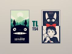 two posters with cartoon characters on them, one has a cat and the other has a demon