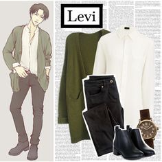 Casual cosplay of Levi (from Attack on Titan or Shingeki no Kyojin anime series)-- character inspired outfit Levi Ackerman Modern, Outfits Anime, Nerdy Outfits, Character Inspired Outfits, Bff Outfits, Anime Outfit, Fandom Outfits, Casual Cosplay, Anime Inspired Outfits