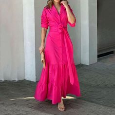 Baslia - High-Fashion Long-Sleeve Maxi Wrap Dress Belted Long Dress, Female Clothes Outfits, Pink Dress Casual, Vibrant Style, Cotton Linen Dresses, Solid Color Dress, Cardigan Long, Ruffled Maxi Dress, Effortless Elegance