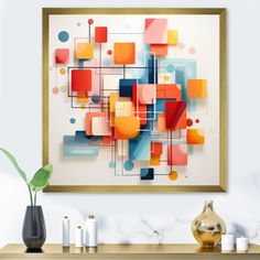 an abstract painting hangs on the wall above a table with candles and vases in front of it