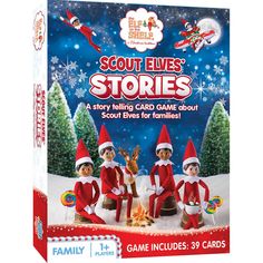 an advertisement for the elf on the shelf with three elves sitting in front of them