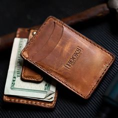 Natural Dublin Horween Leather Magnetic Money Clip Wallet by Hooks Crafted Leather Co Rustic Leather Wallets With Card Slots, Handmade Classic Leather Wallet, Classic Handmade Leather Wallet, Rustic Leather Wallets, Handmade Classic Wallet, Brown Vegetable Tanned Leather Wallet With Card Slots, Brown Rectangular Vegetable Tanned Leather Wallet, Horween Leather, Clip Wallet