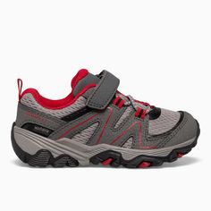 Trail Quest Jr., Grey/Red/Black Durable Ergonomic Outdoor Sneakers, Breathable Nylon Sneakers For Outdoor Work, Gray Synthetic Running Shoes For Outdoor Activities, Durable Functional Trail Running Shoes For Outdoor Activities, Durable Functional Running Shoes For Outdoor Activities, Breathable Low-top Sneakers For Adventure, Non-slip Trail Running Shoes For Outdoor Activities, Sporty Non-slip Running Shoes For Outdoor, Non-slip Trail Running Shoes With Round Toe