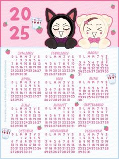 a calendar with two cats on it and the date for each month in pink, white and