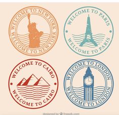 four stamps with the words welcome to london, welcome to paris and welcome to new york