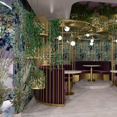 an artistic rendering of a fancy restaurant with purple velvet booths and gold chandeliers