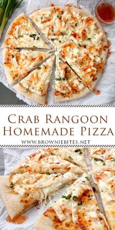 crab rangoon homemade pizza is cut into eight pieces and served with asparagus