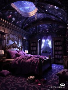 the bedroom is decorated in purple and blue