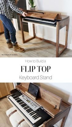 a woman standing in front of a keyboard with the words how to build a flip top keyboard stand