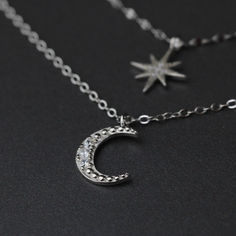 Sterling silver and crystal double layer necklace with star and crescent moon pendants. Double Layer Necklace