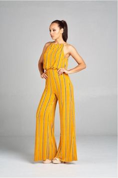 PRODUCT DESCRIPTION:-Available in Yellow and Black-Striped -Wide leg pants-Sleeveless-94% Polyester, 6% spandex-Made in USA Sleeveless Stretch Elastane Jumpsuits And Rompers, Stretch Sleeveless Elastane Jumpsuits And Rompers, Casual Sleeveless Elastane Jumpsuits And Rompers, Black Floral Jumpsuit, Plus Size Romper, One Shoulder Jumpsuit, Striped Wide Leg Pants, Split Legs, Mesh Sleeves