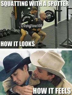 two pictures with the same man doing squats, and one has his arm around another man's shoulder