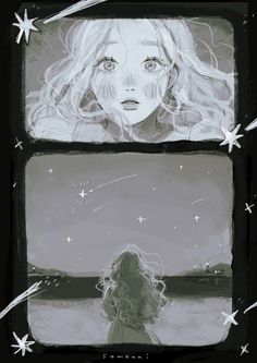 a drawing of a girl looking out the window at stars in the sky above her