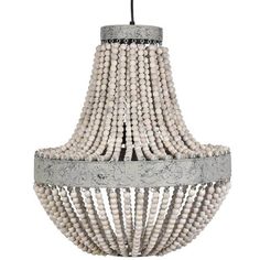 a white chandelier with beads hanging from it's sides and the light fixture on