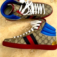 New Gucci Authentic , Comes With Box And Dust Bag Gucci Size 7 Us Size 7.5 Gucci High Top, Designer Blue Gucci Sneakers, Gucci Blue Leather Sneakers, Glamour Gloves, Gucci High Tops, Gucci Shoes Women, Gucci Shoes Sneakers, Gucci Sneakers, Gucci Men