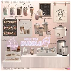 an advertisement for a bubble tea shop with lots of cups and drinks on the counter