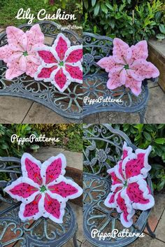 crocheted poinsettis on an iron bench in the garden for decoration